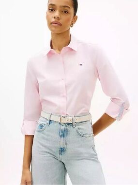 Tommy Hilfiger Light Pink Long-Sleeve Button Shirt with Chambray Trim